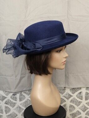 Vintage Arlin Navy Blue Wool Sheer Organza Bow Accent Mid Century Fashion Hat